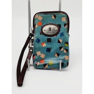 Vintage Fossil Key-Per Wristlet, Wrist Wallet, Top Zip Closure Vinyl Over Canvas